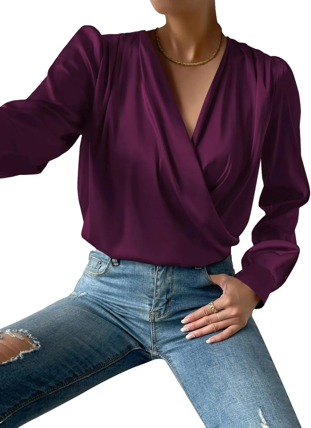 Vrtige Women's Satin Silky Draped Wrap V Neck Ruched Long Sleeve Blouse Shirt Top