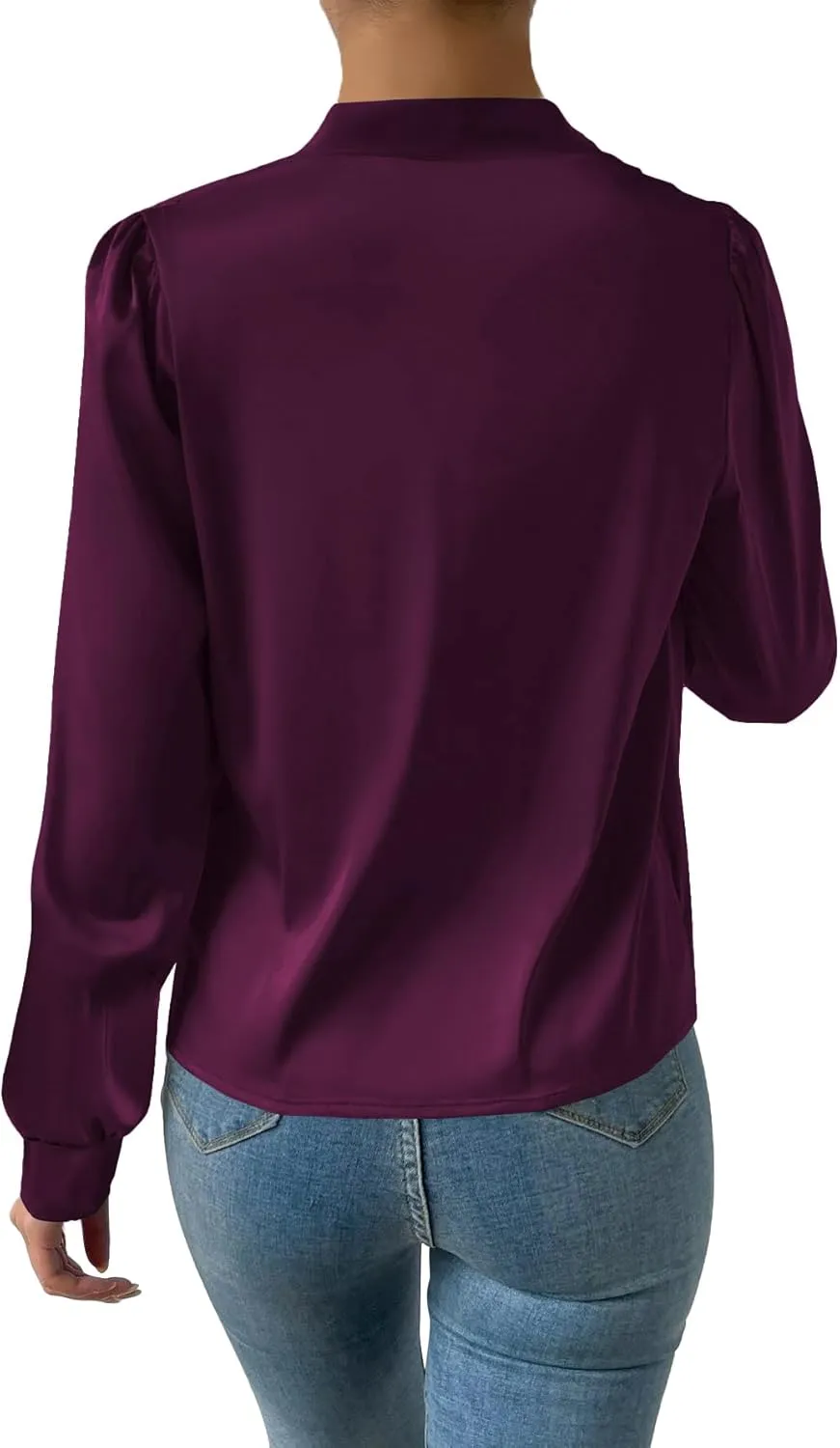 Vrtige Women's Satin Silky Draped Wrap V Neck Ruched Long Sleeve Blouse Shirt Top