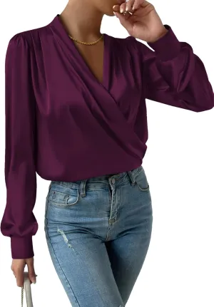 Vrtige Women's Satin Silky Draped Wrap V Neck Ruched Long Sleeve Blouse Shirt Top
