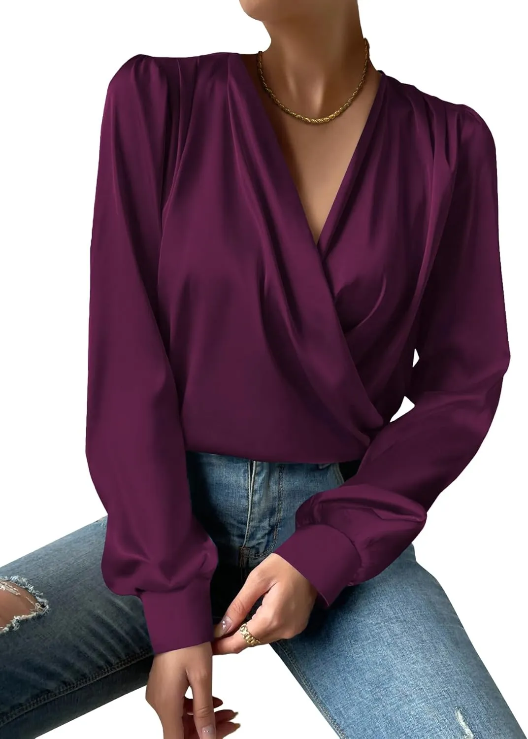 Vrtige Women's Satin Silky Draped Wrap V Neck Ruched Long Sleeve Blouse Shirt Top
