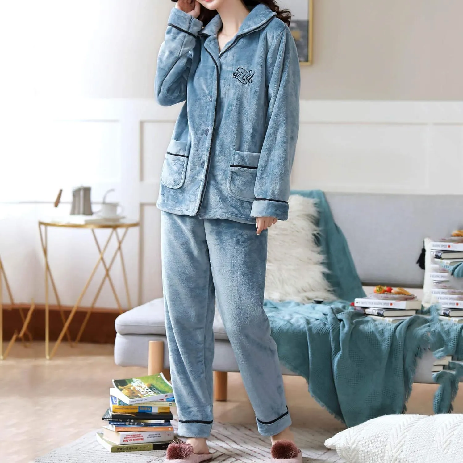 Winter Warm Fleece Plush Pajamas Set for Women Super Soft Flannel Christmas Lounge Homewear Lapel Button Set