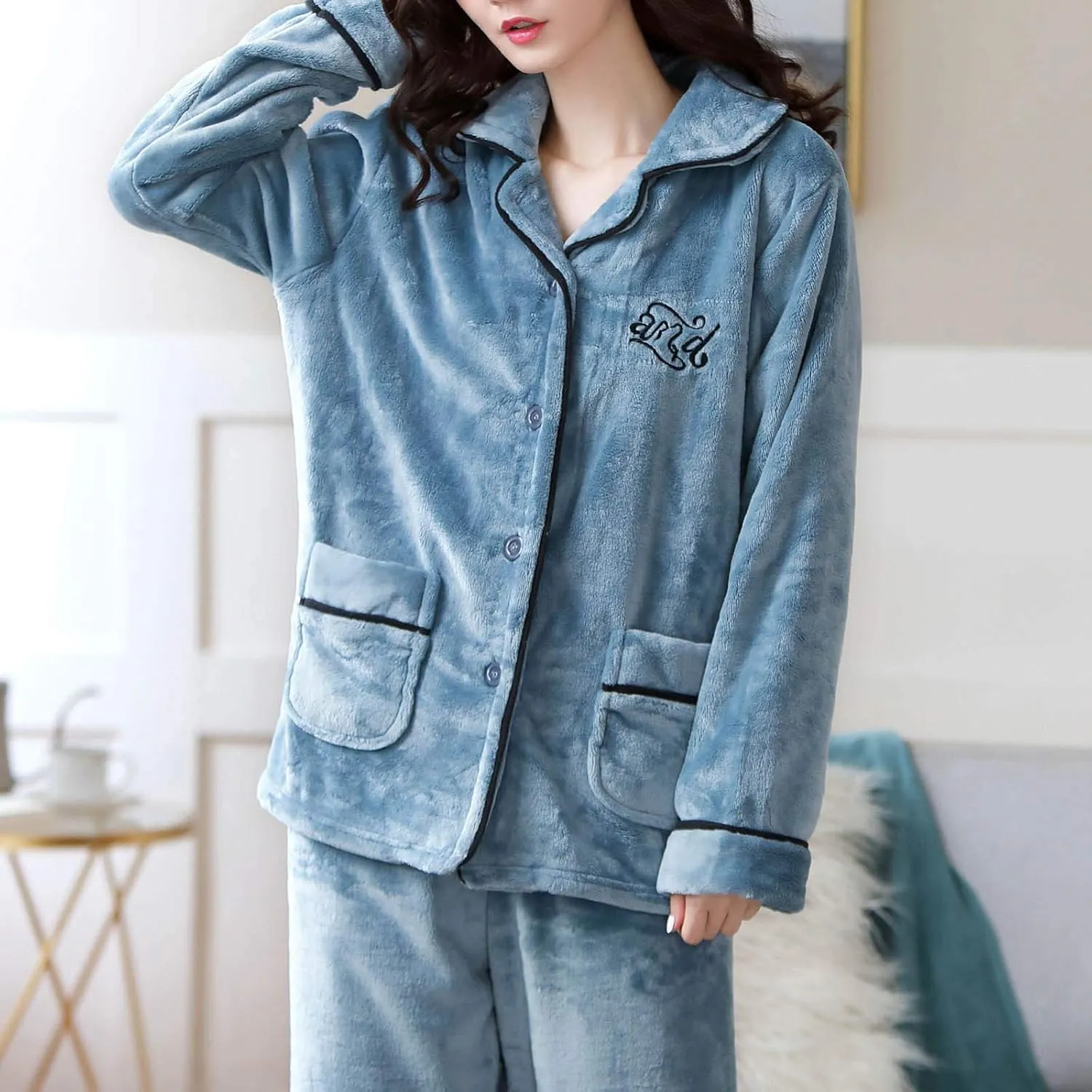 Winter Warm Fleece Plush Pajamas Set for Women Super Soft Flannel Christmas Lounge Homewear Lapel Button Set