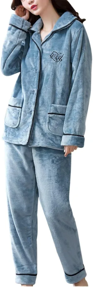 Winter Warm Fleece Plush Pajamas Set for Women Super Soft Flannel Christmas Lounge Homewear Lapel Button Set