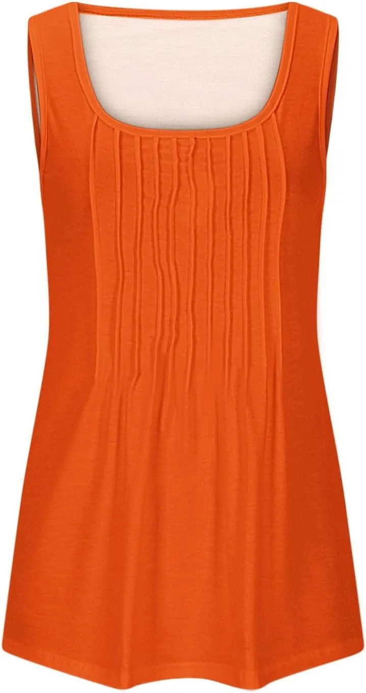 Wkishenl Womens Tank Tops Pleated Crew Neck Sleeveless Tops Plus Size Solid Color Tunic Tops Loose Fit Dressy Casual Blouse