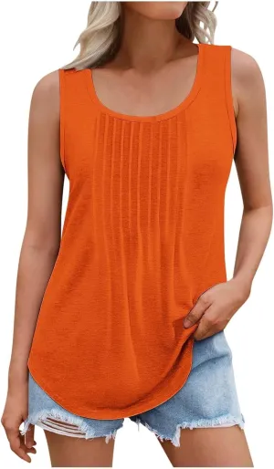 Wkishenl Womens Tank Tops Pleated Crew Neck Sleeveless Tops Plus Size Solid Color Tunic Tops Loose Fit Dressy Casual Blouse