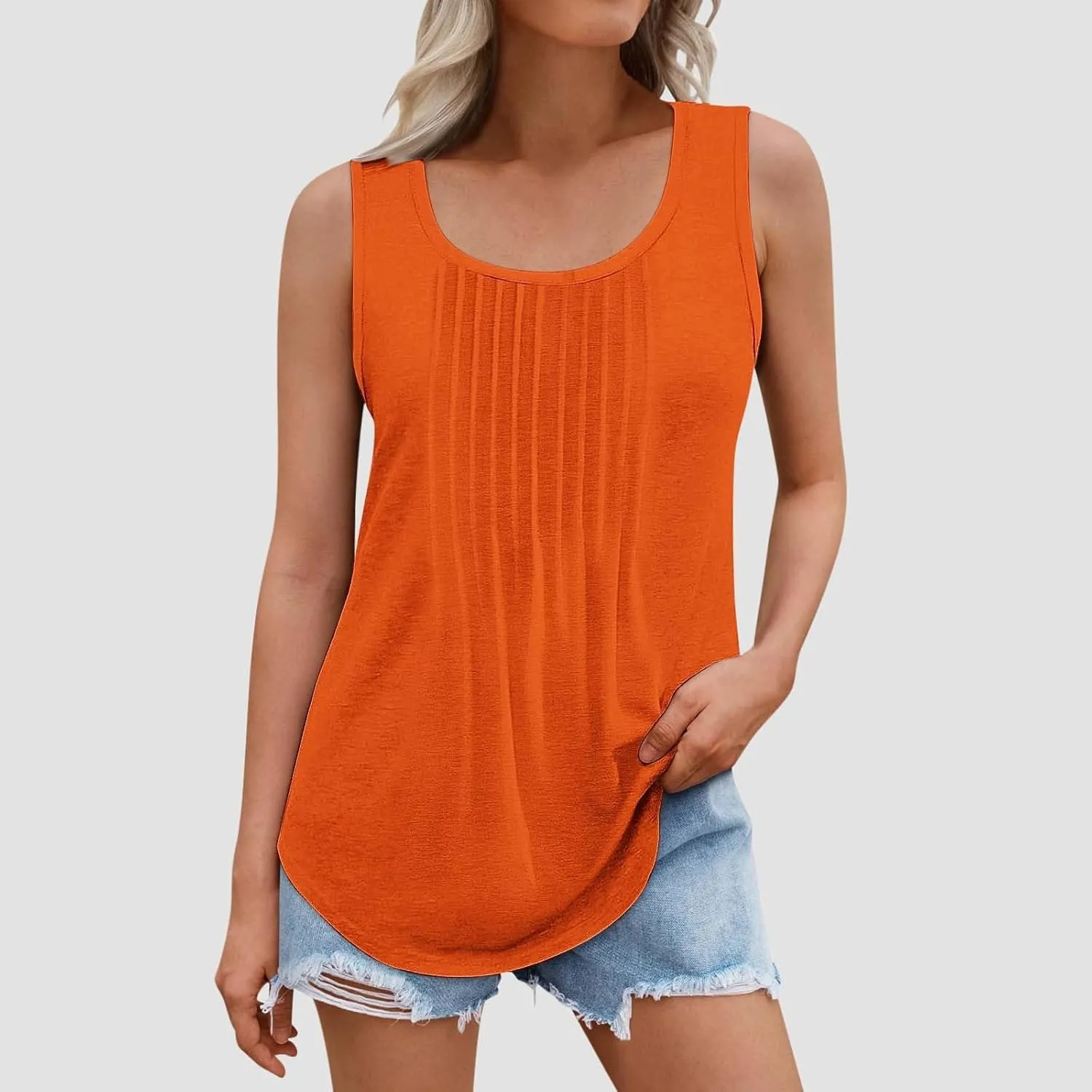 Wkishenl Womens Tank Tops Pleated Crew Neck Sleeveless Tops Plus Size Solid Color Tunic Tops Loose Fit Dressy Casual Blouse
