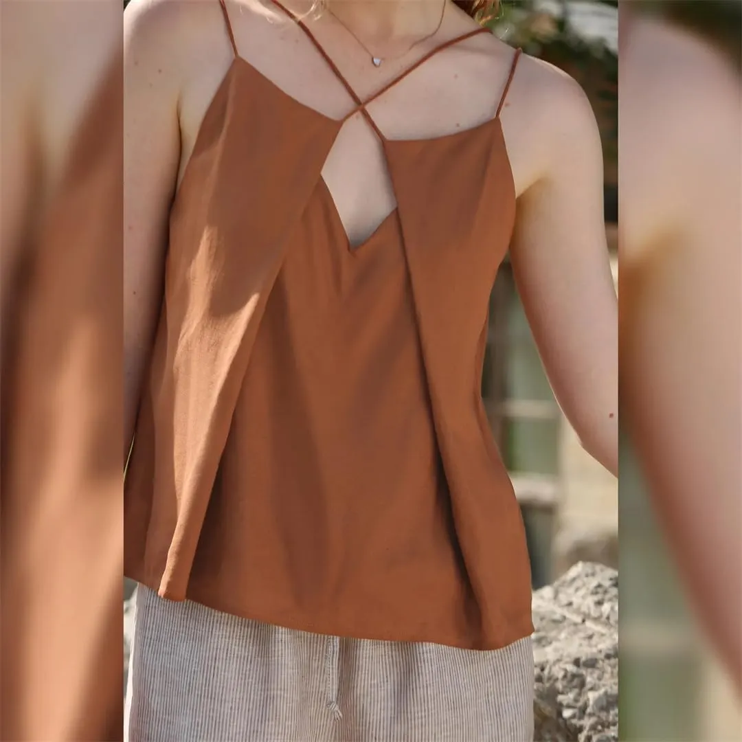Women Cotton Linen Crop Tops Solid Sleeveless Cross Bandage Sexy Halter Holiday Beach Tops