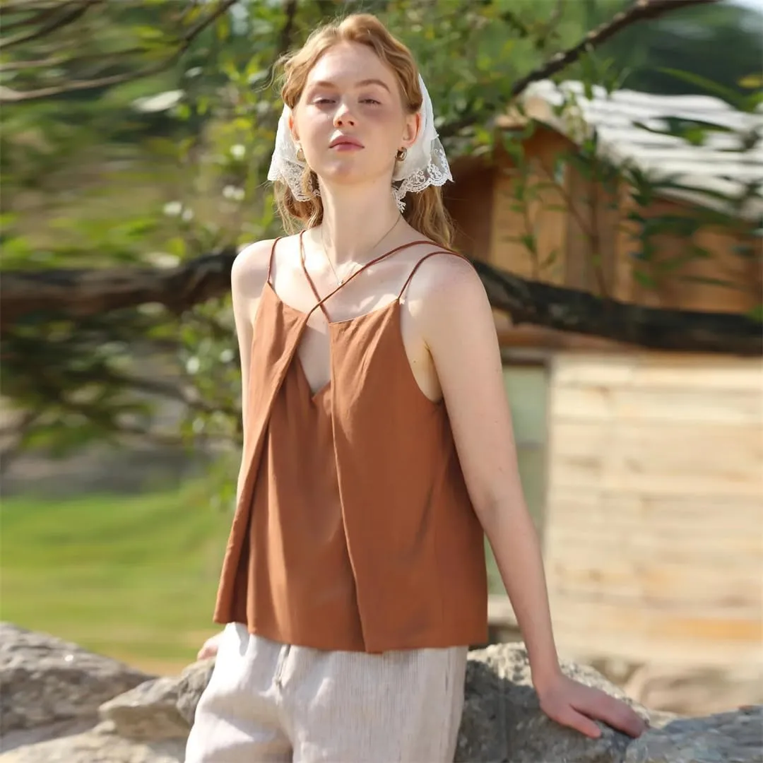 Women Cotton Linen Crop Tops Solid Sleeveless Cross Bandage Sexy Halter Holiday Beach Tops