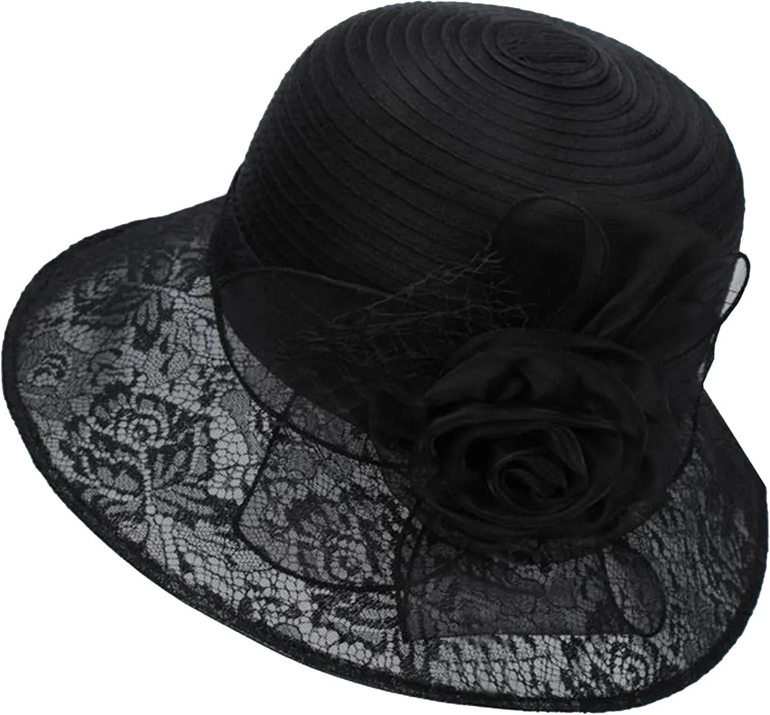 Women Flower-Organza Bowler-Derby-Hat Polka-Dots-Brim Kentucky-Sun-Hat Tea-Party-Straw-Hat Black-Church-Fascinator Small