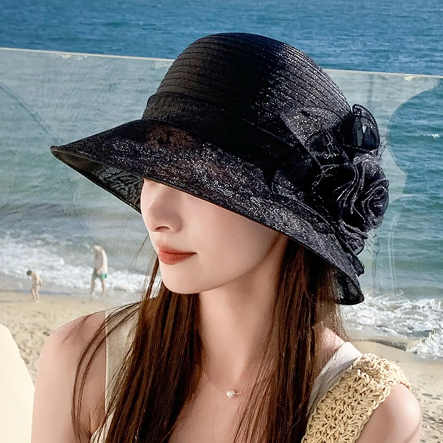 Women Flower-Organza Bowler-Derby-Hat Polka-Dots-Brim Kentucky-Sun-Hat Tea-Party-Straw-Hat Black-Church-Fascinator Small