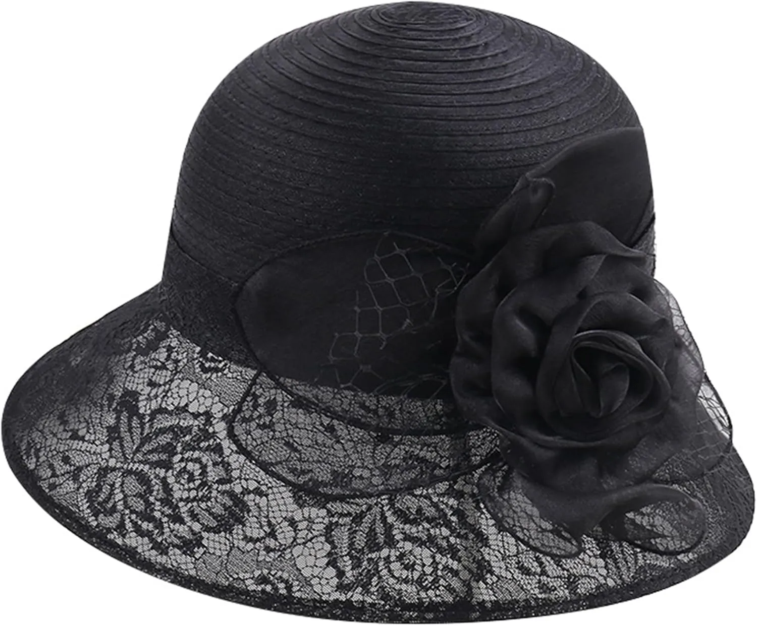 Women Flower-Organza Bowler-Derby-Hat Polka-Dots-Brim Kentucky-Sun-Hat Tea-Party-Straw-Hat Black-Church-Fascinator Small