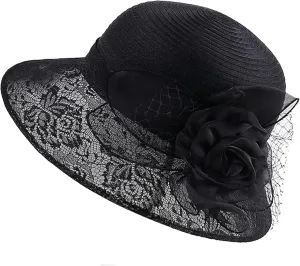 Women Flower-Organza Bowler-Derby-Hat Polka-Dots-Brim Kentucky-Sun-Hat Tea-Party-Straw-Hat Black-Church-Fascinator Small