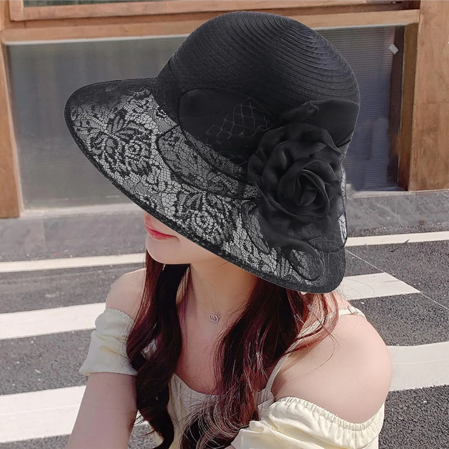 Women Flower-Organza Bowler-Derby-Hat Polka-Dots-Brim Kentucky-Sun-Hat Tea-Party-Straw-Hat Black-Church-Fascinator Small
