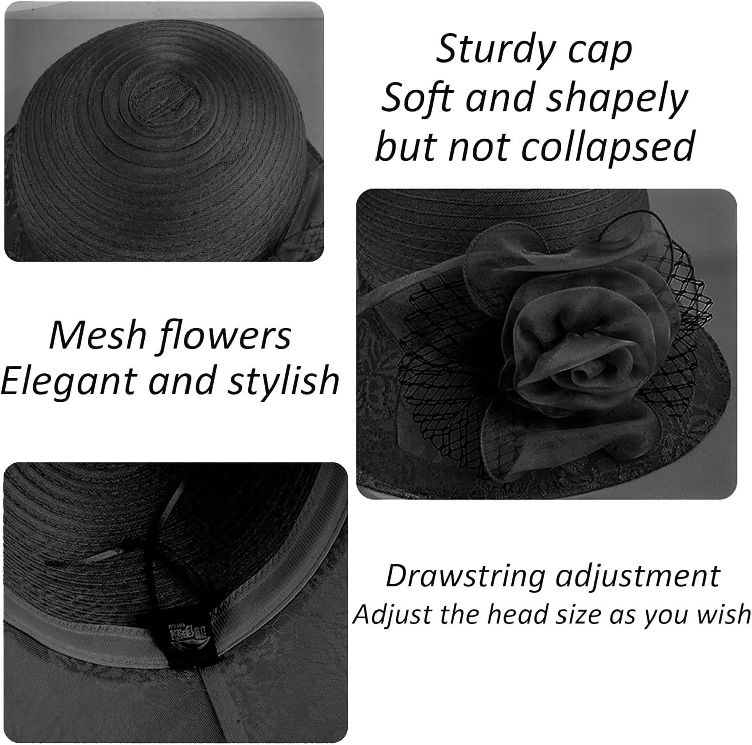 Women Flower-Organza Bowler-Derby-Hat Polka-Dots-Brim Kentucky-Sun-Hat Tea-Party-Straw-Hat Black-Church-Fascinator Small