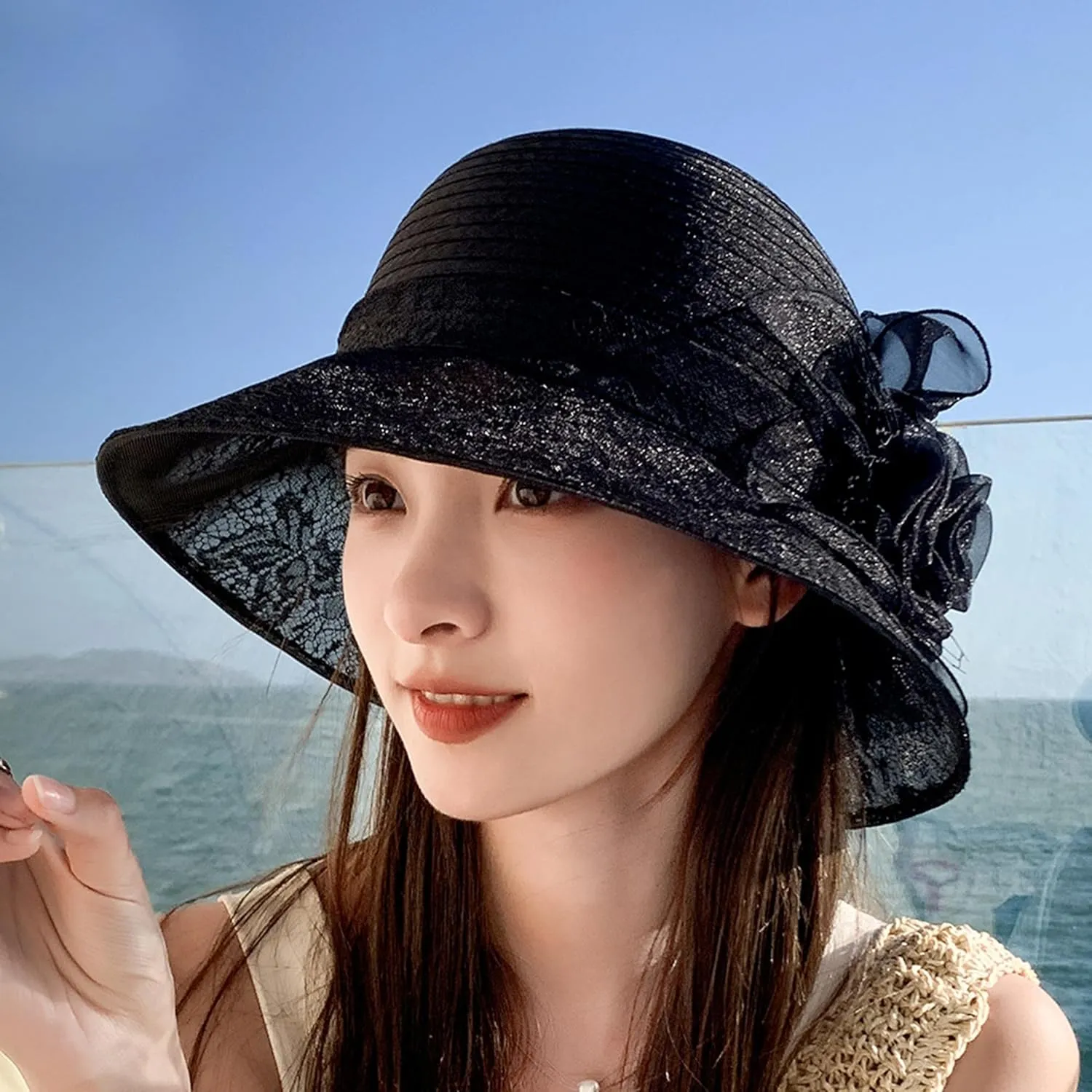 Women Flower-Organza Bowler-Derby-Hat Polka-Dots-Brim Kentucky-Sun-Hat Tea-Party-Straw-Hat Black-Church-Fascinator Small