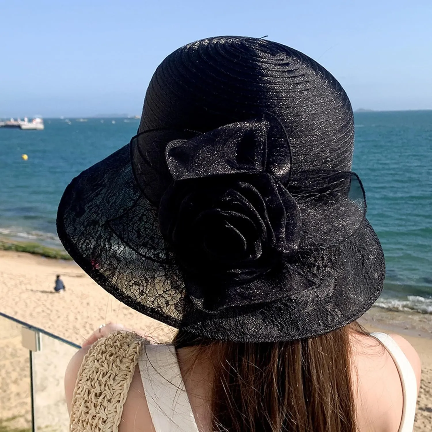 Women Flower-Organza Bowler-Derby-Hat Polka-Dots-Brim Kentucky-Sun-Hat Tea-Party-Straw-Hat Black-Church-Fascinator Small