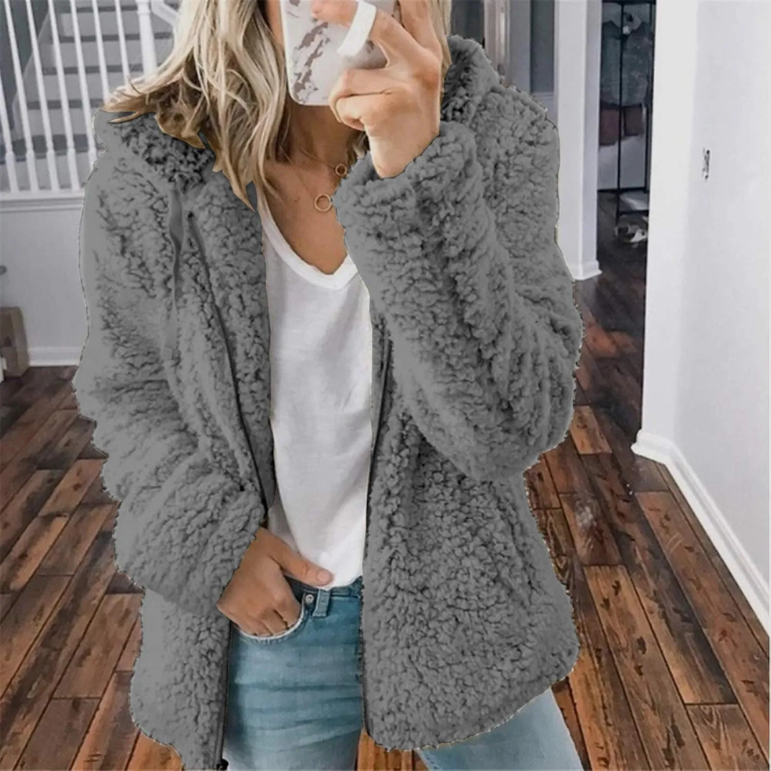 Women Fuzzy Fleece Zip Up Jacket Hooded Sherpa Lined Sweatshirt Casual Soft Fuzzy Shaggy Teddy Coat Fluffy Outerwear