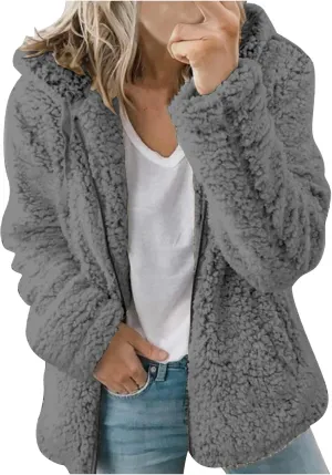 Women Fuzzy Fleece Zip Up Jacket Hooded Sherpa Lined Sweatshirt Casual Soft Fuzzy Shaggy Teddy Coat Fluffy Outerwear