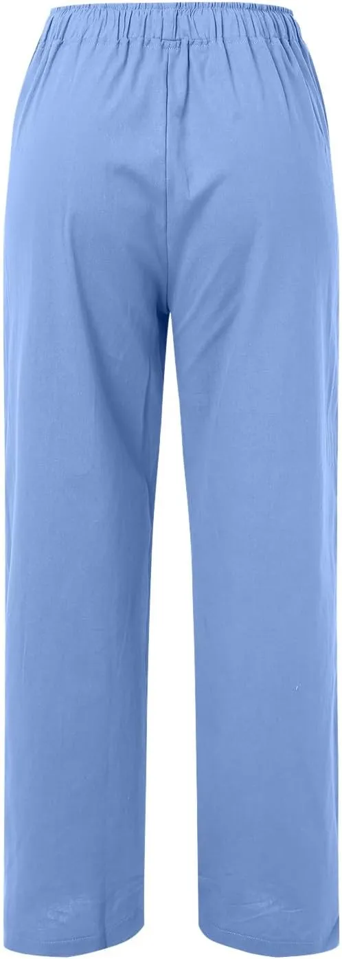 Women High Waisted Wide Leg Pants Fashion Drawstring Elastic Trousers Comfy Straight Leg Long Pants with Pockets