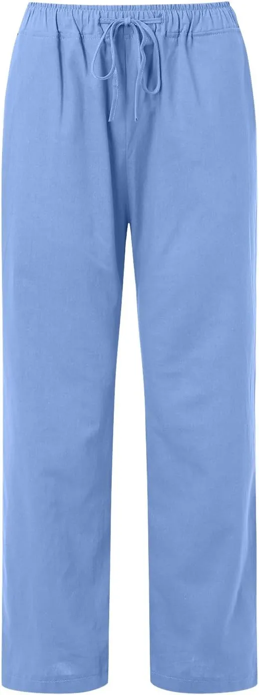 Women High Waisted Wide Leg Pants Fashion Drawstring Elastic Trousers Comfy Straight Leg Long Pants with Pockets