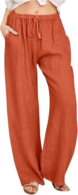 Women High Waisted Wide Leg Pants Fashion Drawstring Elastic Trousers Comfy Straight Leg Long Pants with Pockets