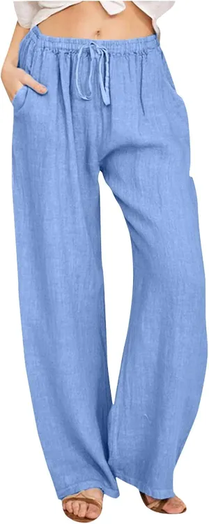 Women High Waisted Wide Leg Pants Fashion Drawstring Elastic Trousers Comfy Straight Leg Long Pants with Pockets