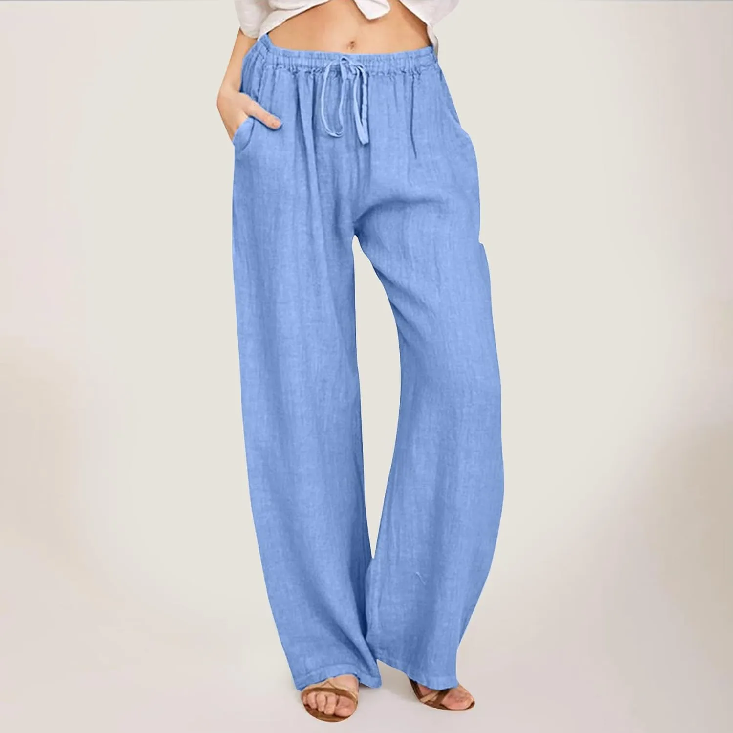 Women High Waisted Wide Leg Pants Fashion Drawstring Elastic Trousers Comfy Straight Leg Long Pants with Pockets