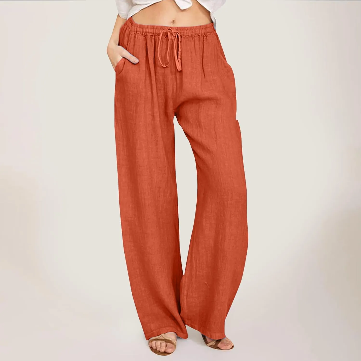 Women High Waisted Wide Leg Pants Fashion Drawstring Elastic Trousers Comfy Straight Leg Long Pants with Pockets