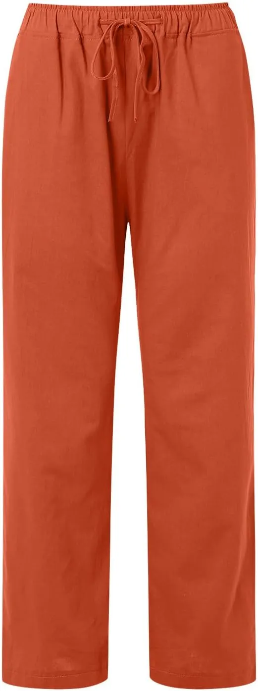 Women High Waisted Wide Leg Pants Fashion Drawstring Elastic Trousers Comfy Straight Leg Long Pants with Pockets