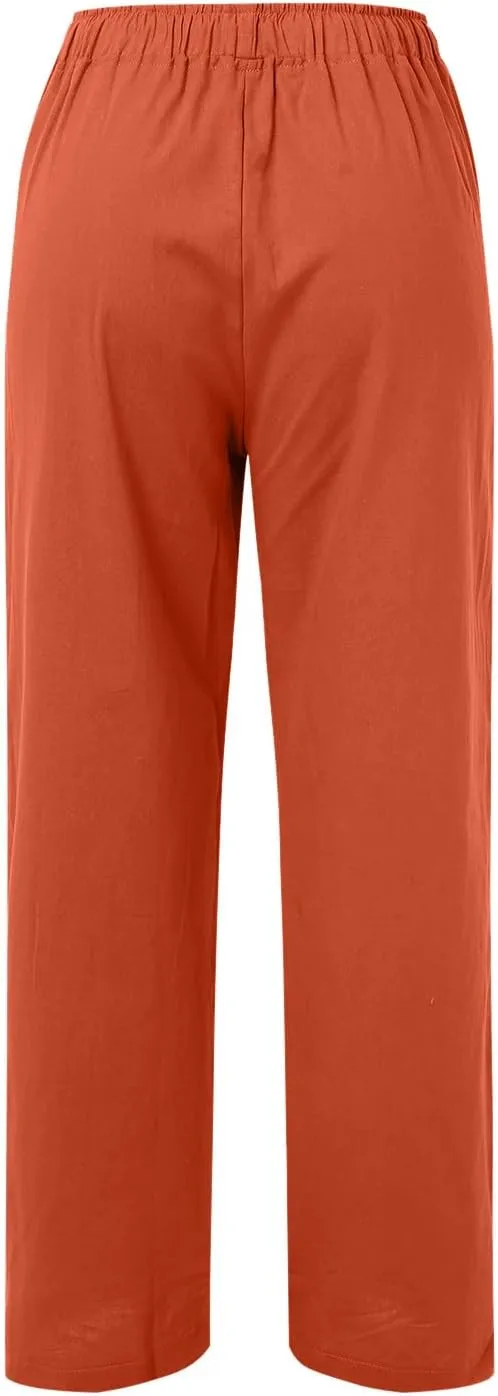 Women High Waisted Wide Leg Pants Fashion Drawstring Elastic Trousers Comfy Straight Leg Long Pants with Pockets
