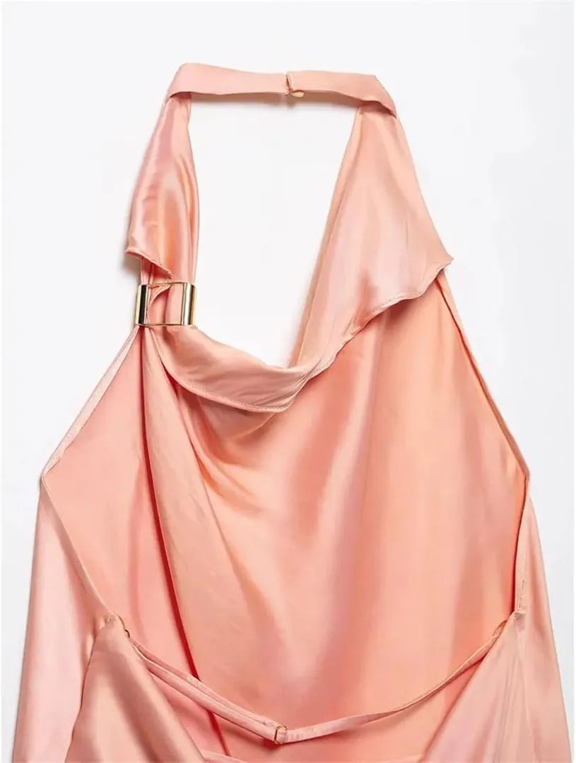 Women Light Pink Pleated Backless Tank Tops Sexy Halter Neck Sleeveless Tops