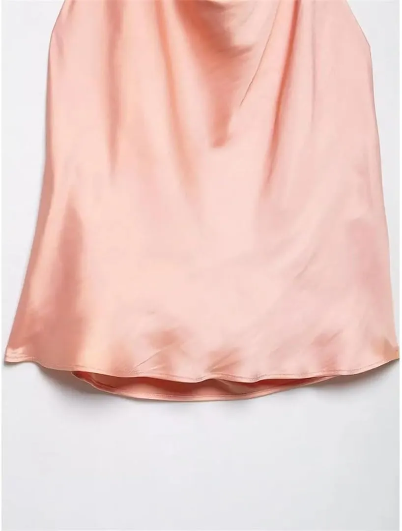 Women Light Pink Pleated Backless Tank Tops Sexy Halter Neck Sleeveless Tops