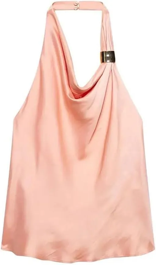 Women Light Pink Pleated Backless Tank Tops Sexy Halter Neck Sleeveless Tops