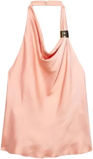 Women Light Pink Pleated Backless Tank Tops Sexy Halter Neck Sleeveless Tops
