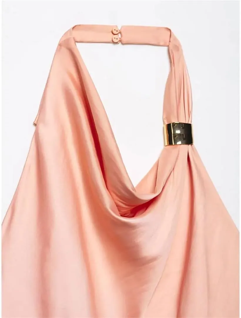 Women Light Pink Pleated Backless Tank Tops Sexy Halter Neck Sleeveless Tops