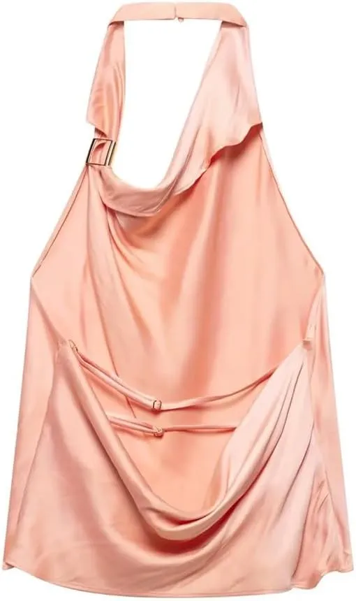 Women Light Pink Pleated Backless Tank Tops Sexy Halter Neck Sleeveless Tops