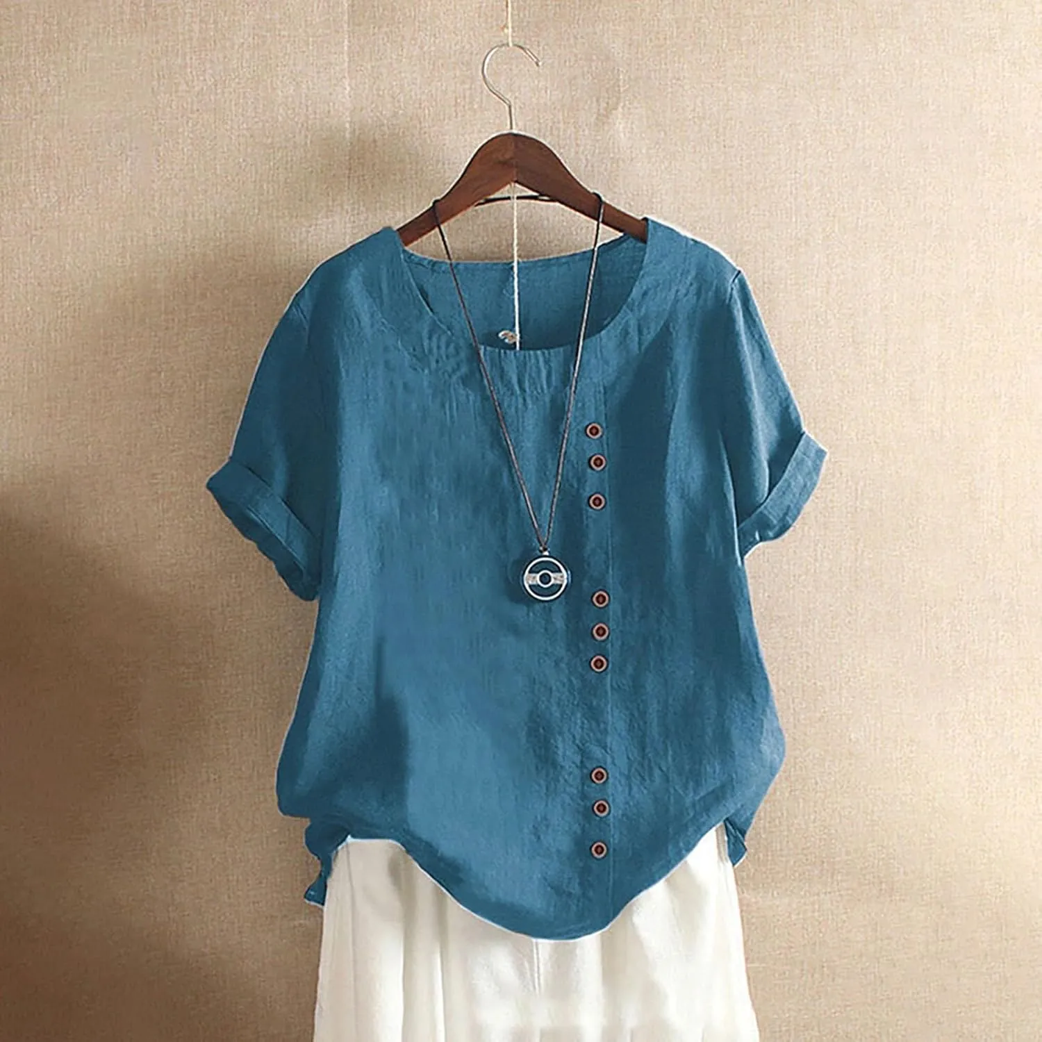 Women Linen Shirts Summer Linen Button Long Sleeve T Shirt Casual Plus Size Lightweight Crewneck Tshirts