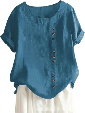 Women Linen Shirts Summer Linen Button Long Sleeve T Shirt Casual Plus Size Lightweight Crewneck Tshirts
