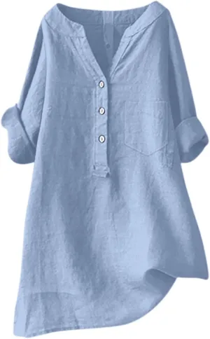 Women Linen Shirts V Neck Buttons Blouses Solid Color Soft Tee Shirt Long Sleeve Loose Fit Shirt