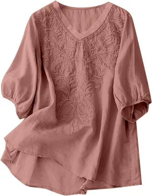 Women Linen Shirts V-Neck Embroidered Blouse Lapel Collar 2025 Fashion Tops Short Sleeve Loose Fit Tunic Tops