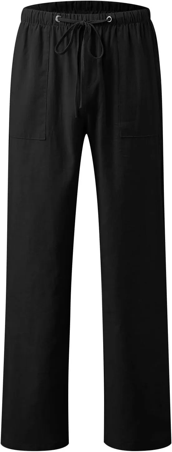 Women Linen Summer Palazzo Pant Flowy Wide Leg Boho Beach Pants High Elastic Waisted Loose Trouser with Pocket