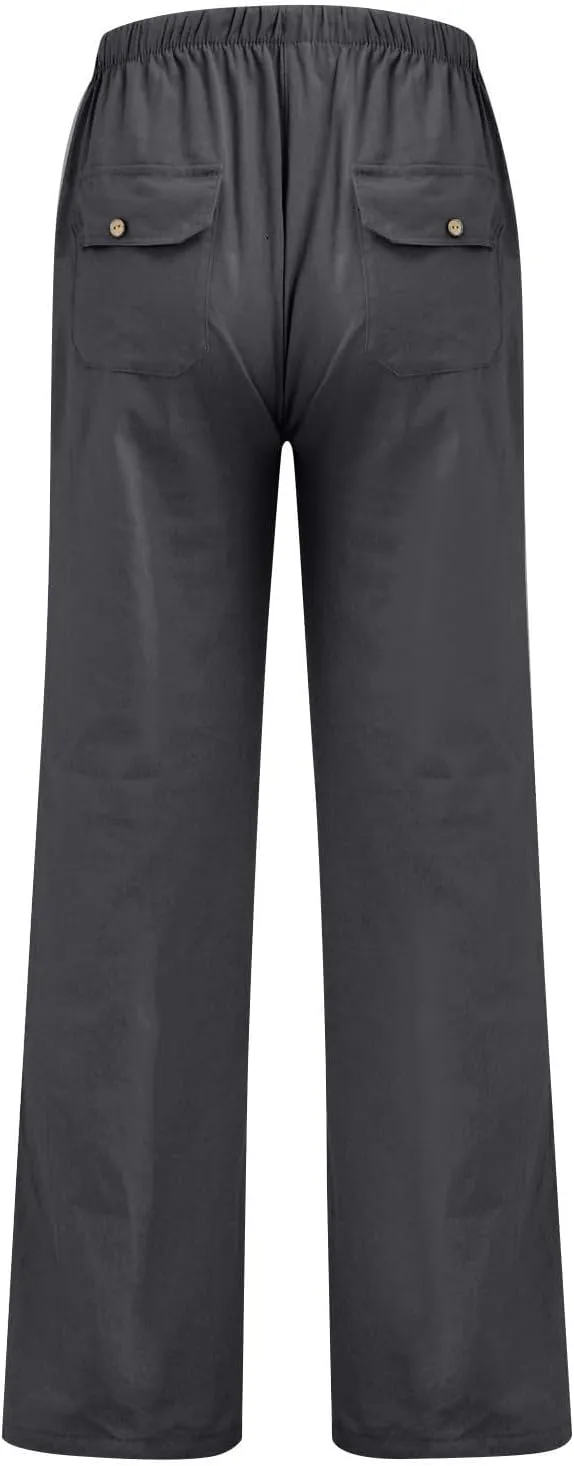 Women Linen Summer Palazzo Pant Flowy Wide Leg Boho Beach Pants High Elastic Waisted Loose Trouser with Pocket