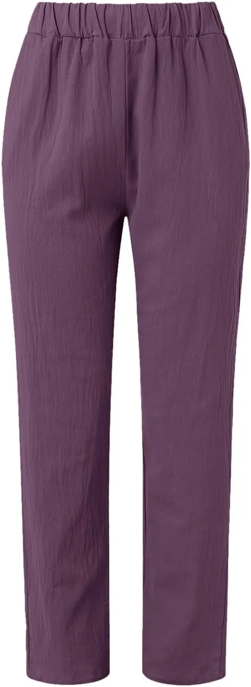 Women Linen Summer Palazzo Pant Flowy Wide Leg Boho Beach Pants High Elastic Waisted Loose Trouser with Pocket