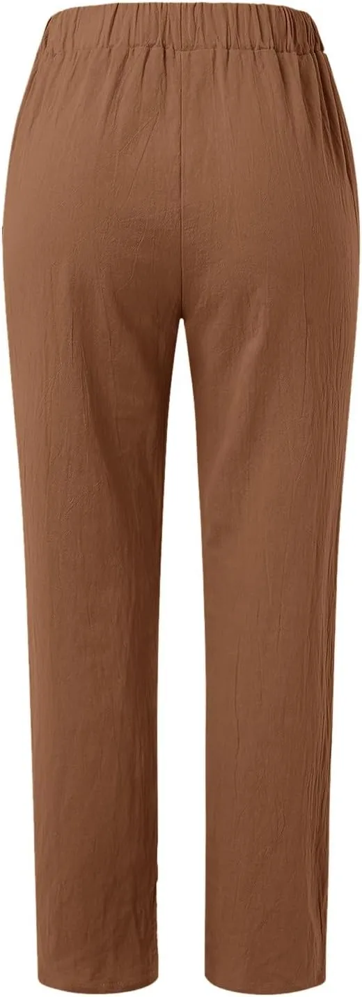 Women Linen Summer Palazzo Pant Flowy Wide Leg Boho Beach Pants High Elastic Waisted Loose Trouser with Pocket
