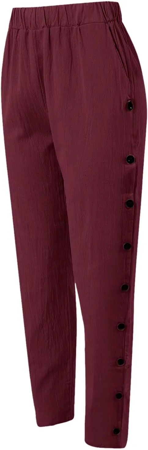 Women Linen Summer Palazzo Pant Flowy Wide Leg Boho Beach Pants High Elastic Waisted Loose Trouser with Pocket