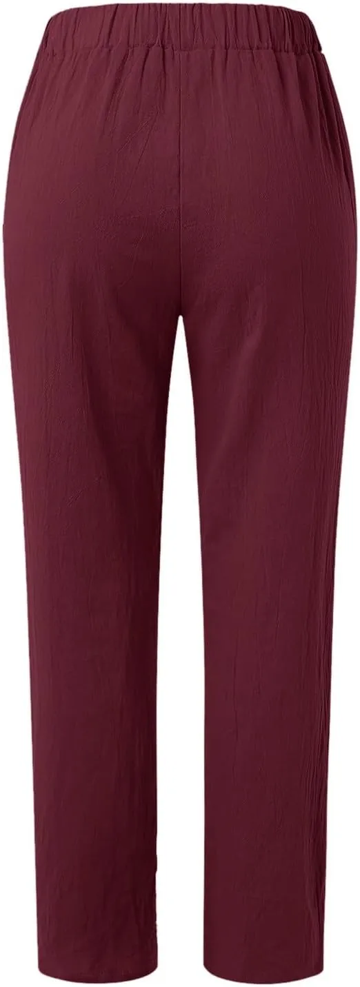 Women Linen Summer Palazzo Pant Flowy Wide Leg Boho Beach Pants High Elastic Waisted Loose Trouser with Pocket