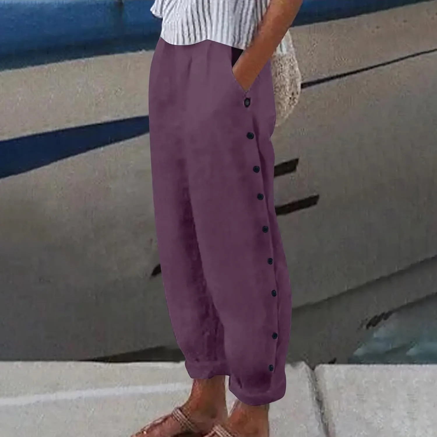 Women Linen Summer Palazzo Pant Flowy Wide Leg Boho Beach Pants High Elastic Waisted Loose Trouser with Pocket