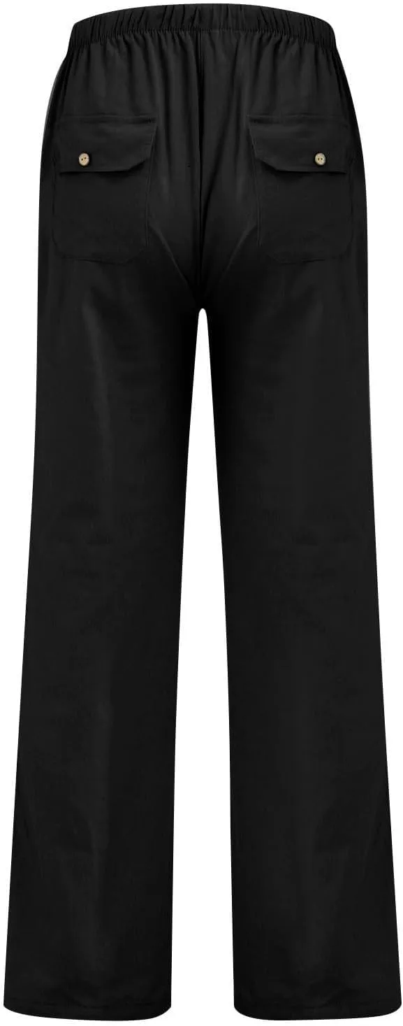 Women Linen Summer Palazzo Pant Flowy Wide Leg Boho Beach Pants High Elastic Waisted Loose Trouser with Pocket