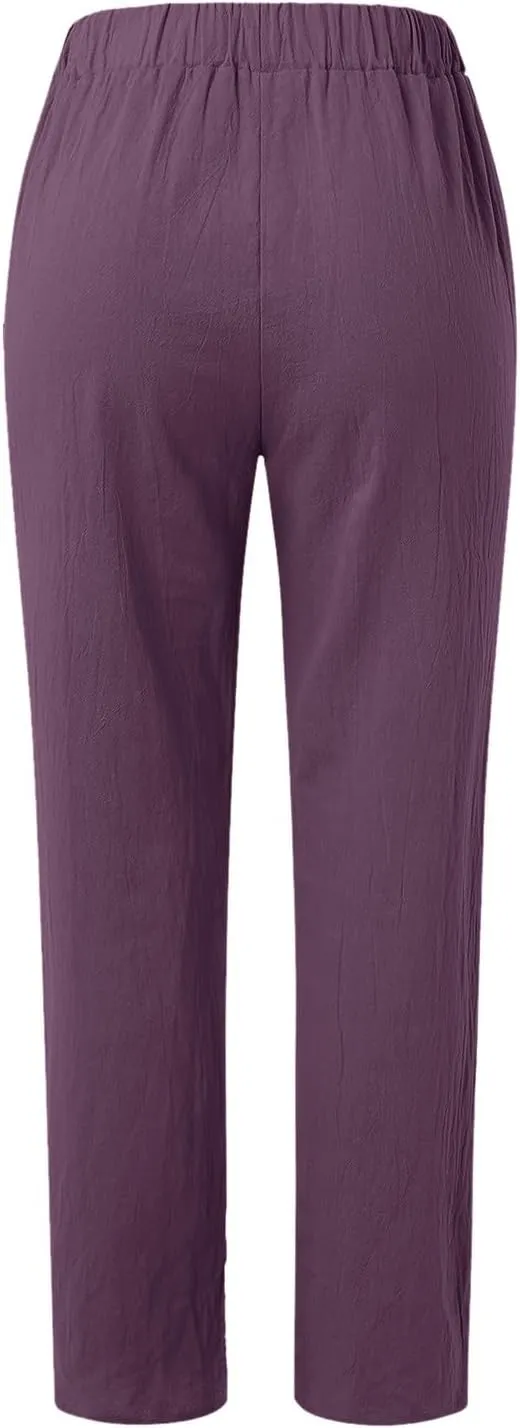 Women Linen Summer Palazzo Pant Flowy Wide Leg Boho Beach Pants High Elastic Waisted Loose Trouser with Pocket