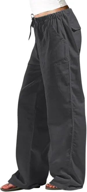 Women Linen Summer Palazzo Pant Flowy Wide Leg Boho Beach Pants High Elastic Waisted Loose Trouser with Pocket